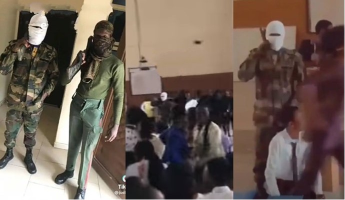Lecturer abandons class as two students show up in 'bandit' outfit - aaua students bandits 1