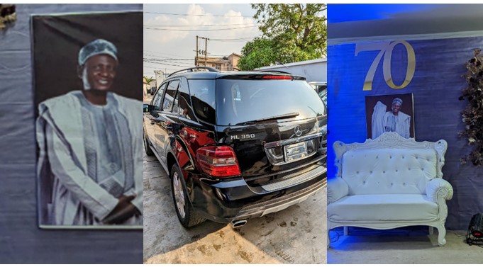 Nigerian father gets new car from his 3 children as 70th birthday gift - father car kids birthday ft 1