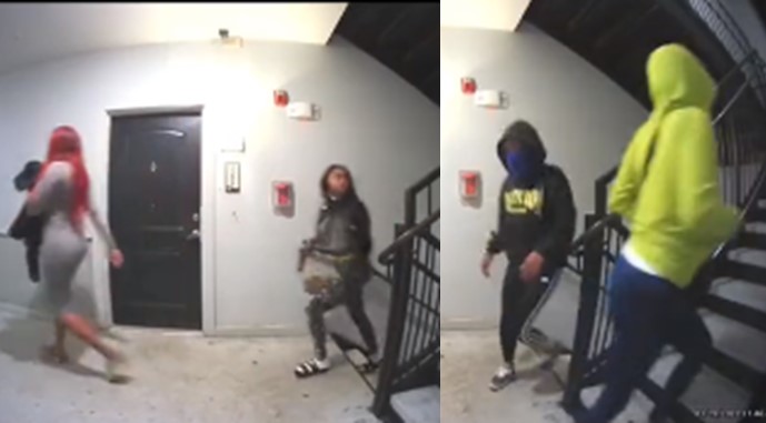 Robbery gone wrong: Female robbers flee as ladies they tried to rob chase them off with gun (Video) - ladies rob two women gun hallway 1