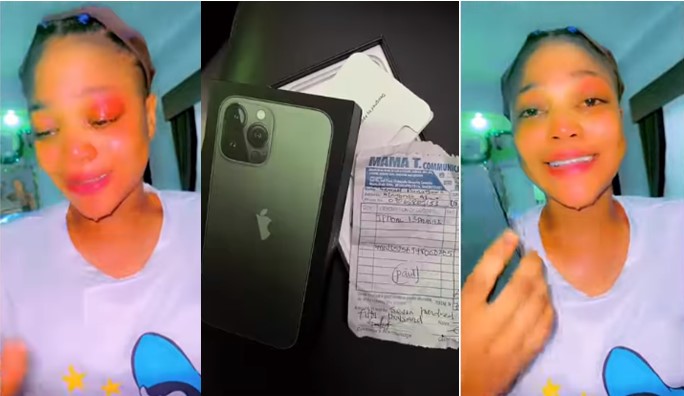Nigerian lady cries like baby after receiving iPhone 13 Pro Max from boyfriend (Watch video) - lady cry boyfriend iphone 13 1