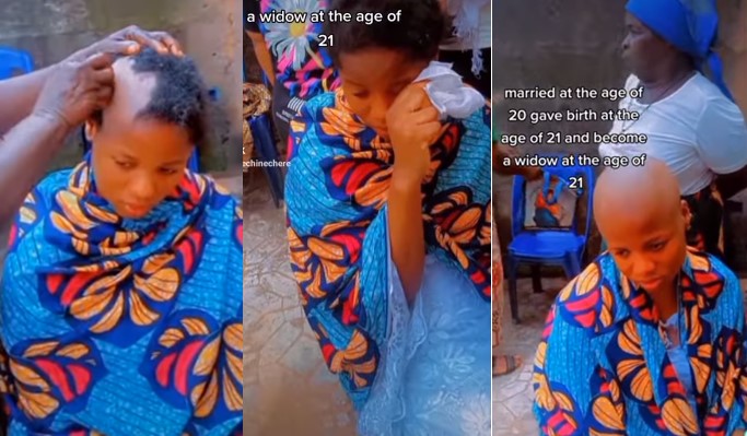 Lady who married at 20 sheds tears as her hair gets shaved after becoming a widow at 21 - lady shave widow 21 1
