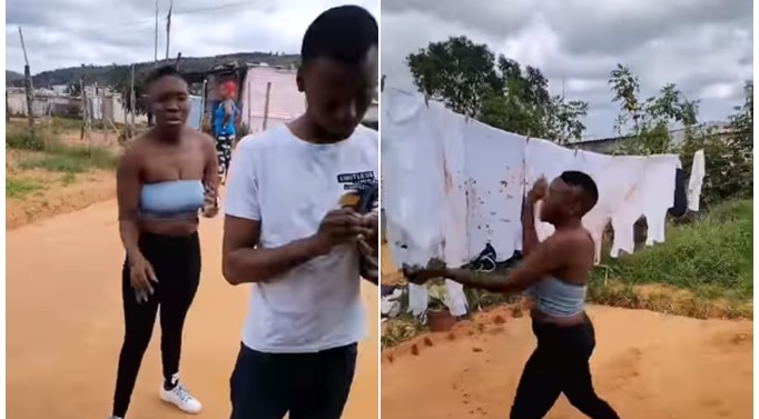 Lady stains boyfriend's white clothe because he berated her for 'not washing it well' (Video) - lady stain boyfriend clothe 1