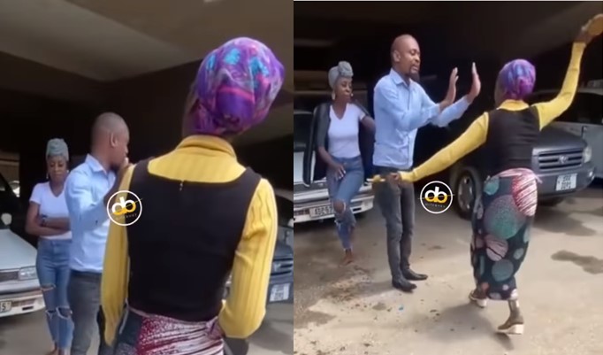 We can talk about this at home - Man begs wife not to beat his side chic after she caught them in public (Watch video) - man wife beat side chic public 1