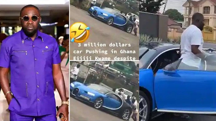 Business mogul begs youths to push his Bugatti which broke down in Ghana (Video) - osei kwame bugatti push 1
