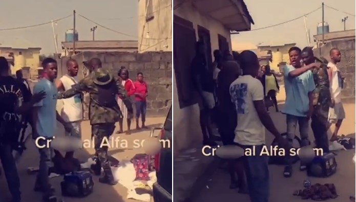 Yahoo boys hire soldier to accost Alfa who bought Benz after giving them fake juju (Watch video) - yahoo boys soldier alfa 1
