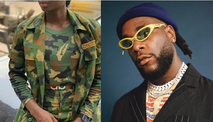 'I no wan loose guard' - Burna Boy narrates how he retreated from wooing pretty female soldier - burna boy woo soldier 1