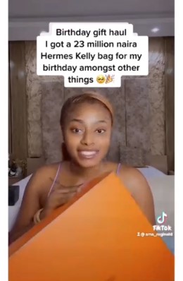 Lady gushes over her man as he gifts her N23m designer bag for her 23rd birthday (Video) - lady 23 bag