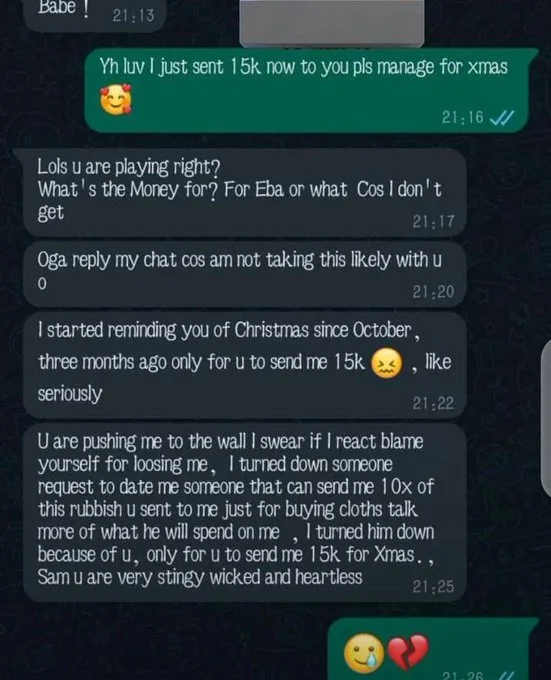 Lady calls her boyfriend stingy, heartless after giving her N15k to celebrate Christmas - lady boyfriend stingy christmas