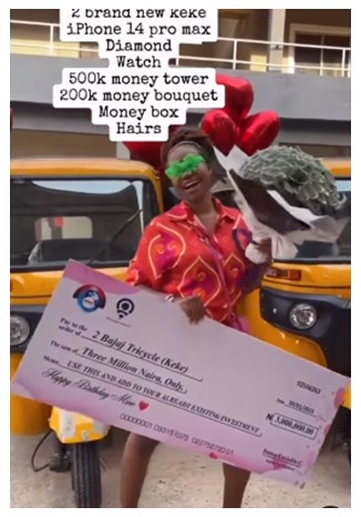 Nigerian lady sheds tears after receiving keke napeps, N3.7m as birthday gift (Video) - lady keke napep birthday