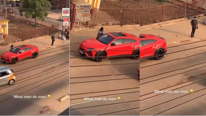 Reactions as lady leaves her man by the roadside to meet Lamborghini owner (Watch video) - lady man roadside lamborghini 1