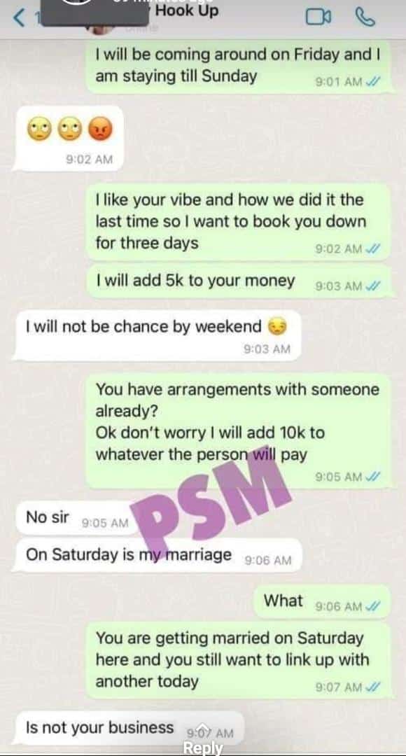 Man in shock as lady agrees to 'hookup' with him two days to her wedding - man hookup girl wedding2