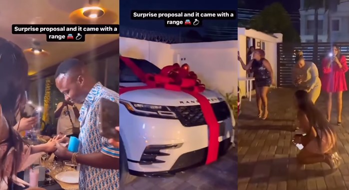 Nigerian lady accepts as boyfriend proposes with diamond ring, Range Rover (Video) - man propose girlfriend range roveer diamond ring