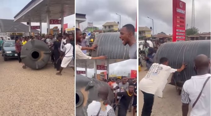 Funny reactions as man carries geepee tank to buy fuel at filling station (Video)