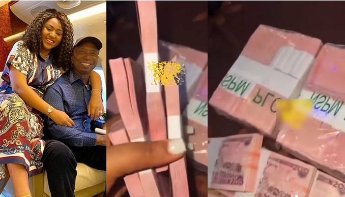 Ned Nwoko gifts Regina Daniels bundles of new naira notes on movie set - nwoko regina bundle money movie set.