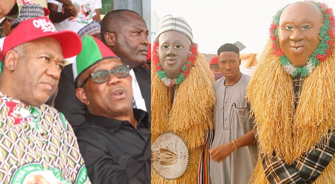 Even the gods are backing them - Reactions as traditionalists make Peter Obi, Datti face of masquerades - peter obi datti masquerade 1