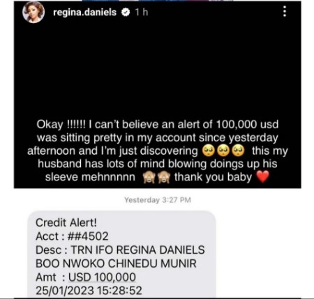 Regina Daniels receives $100k from hubby days after giving her wads of new naira notes - regina ned 100k dollars