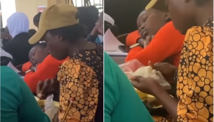 Female student shocks colleague as she eats mound of fufu during lecture (Video)