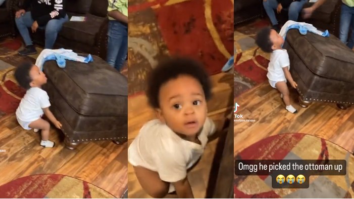 Strong toddler amazes family by lifting sofa stool by himself (Watch video) - toddler carry sofa 1