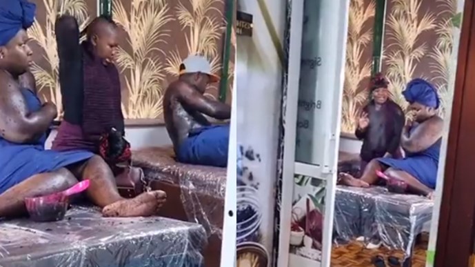Woman creates a scene after catching her husband in spa with his side chic (Watch video) - woman husband side chic spa 1