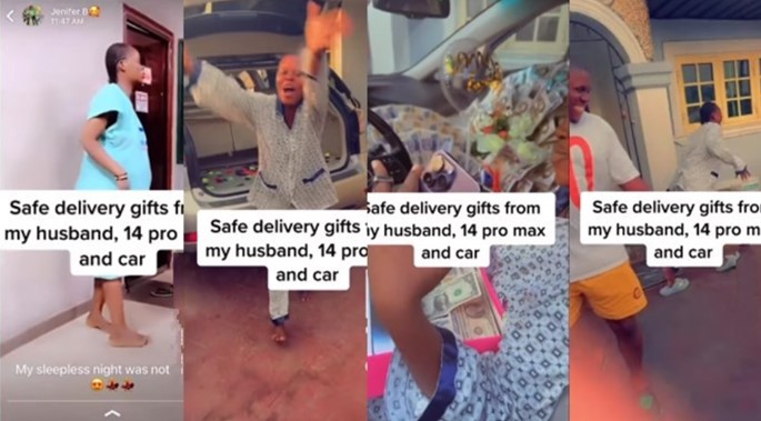 Man buys iPhone 14, new car as push gift for his wife - woman iphone 14 car push gift 1