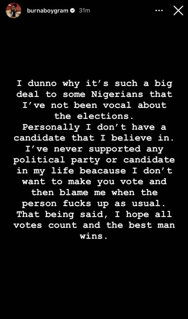 Y'all should look up to someone else - Burna Boy replies fans disappointed in him over election - ab