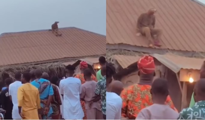 Strange creature with human body and animal head mysteriously lands on roof (Video)