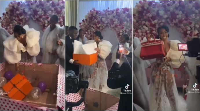Groom uses life-size box to surprise wife-to-be with Birkin bag worth N23m (Video)