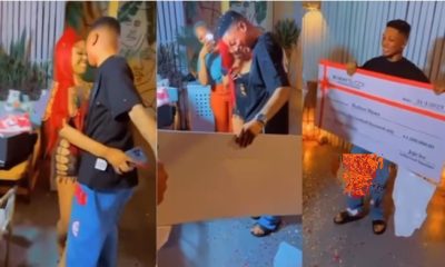 Young lady hailed for gifting boyfriend N1.5m, box of new naira on his birthday (Watch video) - lady boyfriend birthday 1.5m new naira