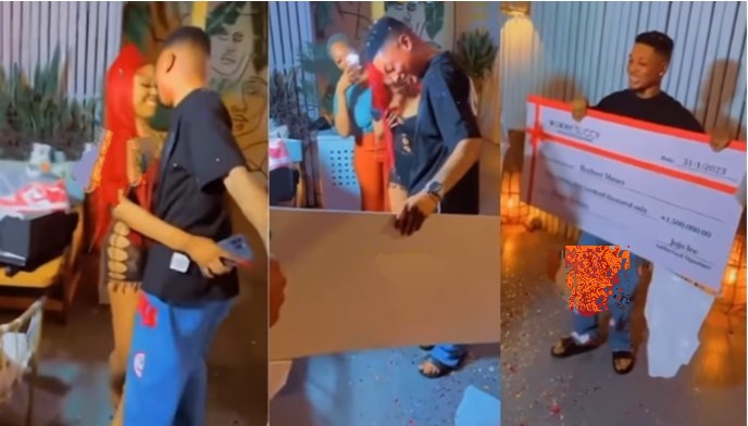 Young lady hailed for gifting boyfriend N1.5m, box of new naira on his birthday (Watch video) - lady boyfriend birthday 1.5m new naira