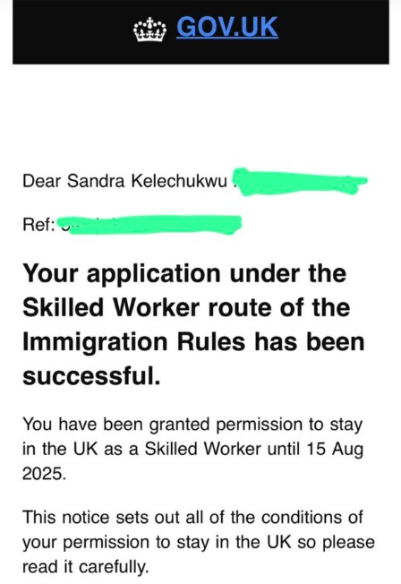 Nigerian lady thanks God as she gets 3-year work permit in UK - sandra uk work permit