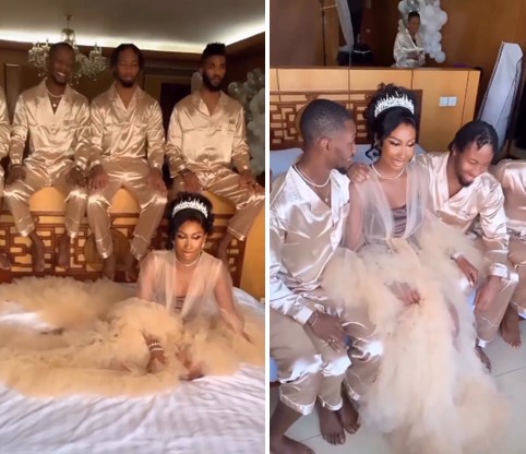 Four brothers serve as only sister's bridesmaids at her bridal shower (Video) - brothers bridemaids