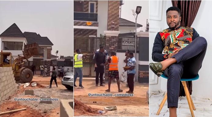 Drama as pranksters hire bulldozer to 'demolish' actor Onny Michael's new house (Watch video) - onny michael prank demolish house