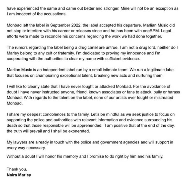 Naira Marley Mohbad statement