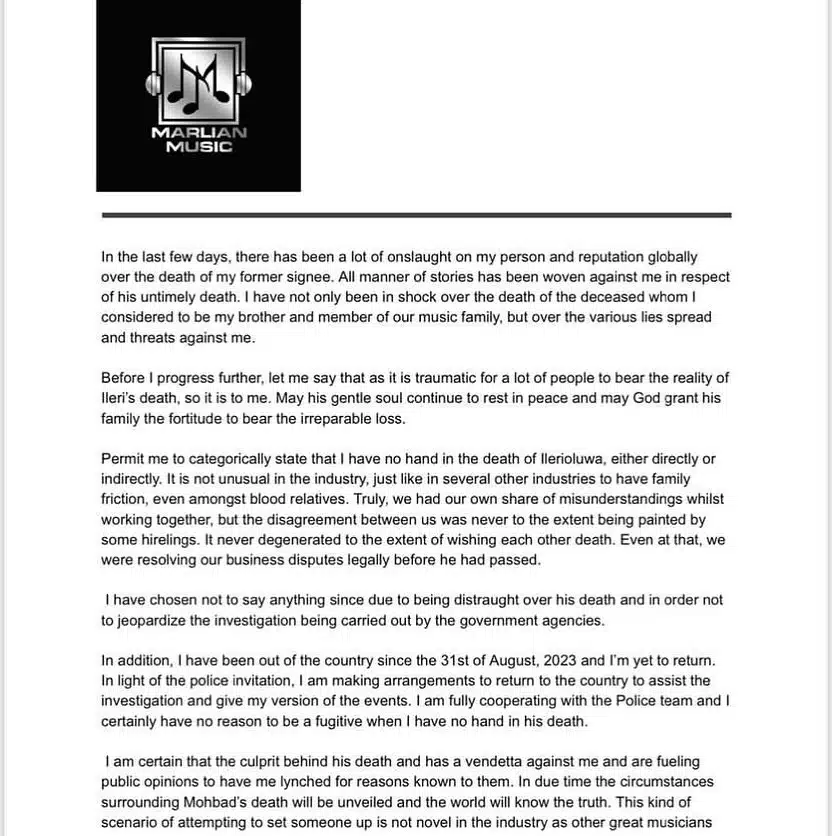 Naira Marley press statement Mohbad