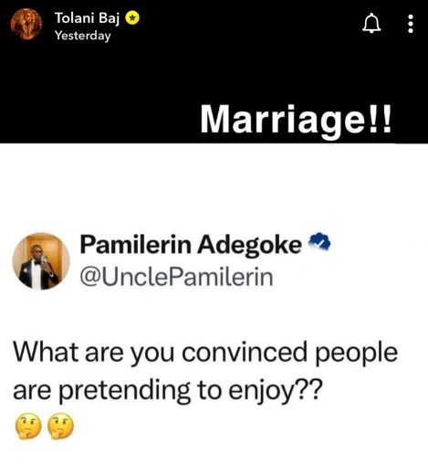 People are pretending to enjoy marriage - Tolanibaj