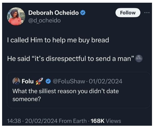 Lady recounts how she refused to date a suitor because of bread