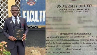Man celebrates as he becomes first male 1st class Law graduate at UNIUYO