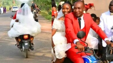 Couple arrive for wedding on okada