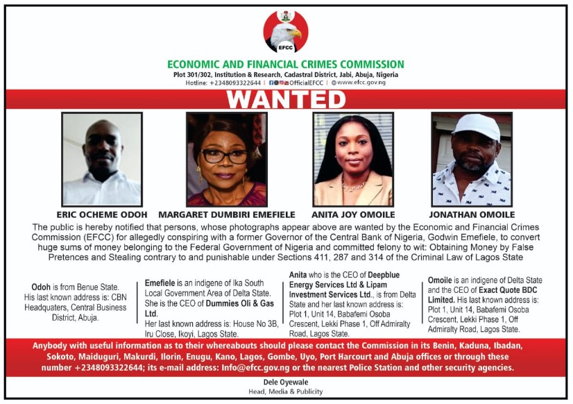 EFCC declares Emefiele’s wife, three others wanted for money laundering