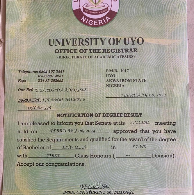 Man becomes first male 1st class Law graduate at UNIUYO