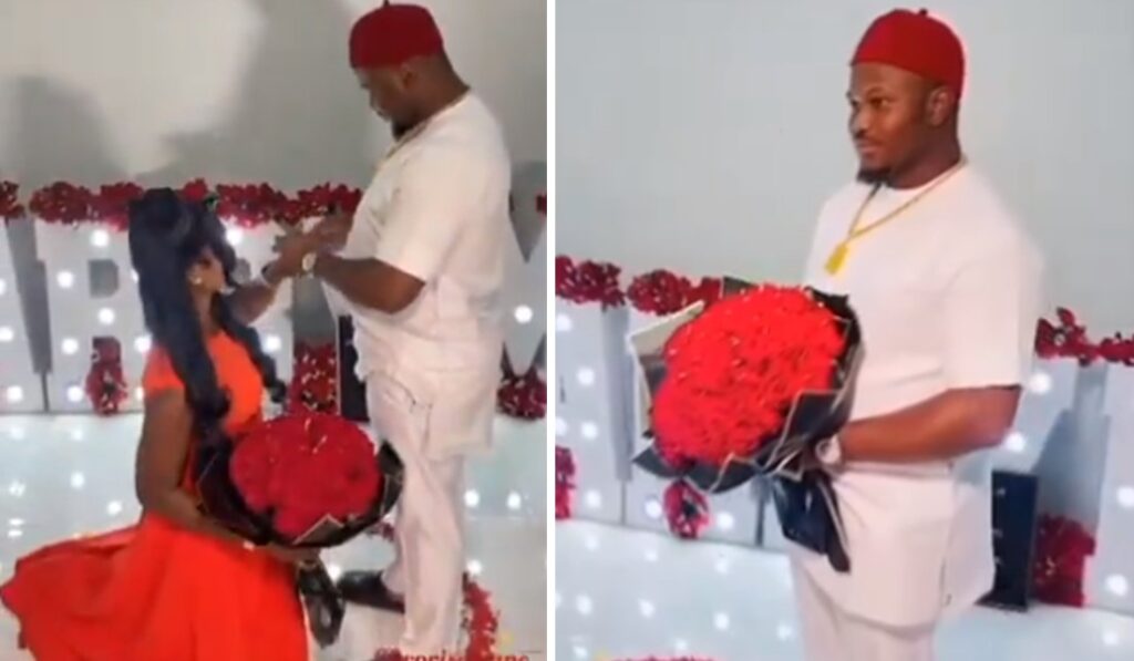 Businessman stands while proposing to actress Favour Nwachukwu