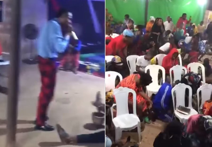 church members using mortar and pestle to 'pound their enemies'