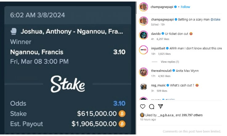 Davido teases Drake as he loses $615k bet on Francis Ngannou 