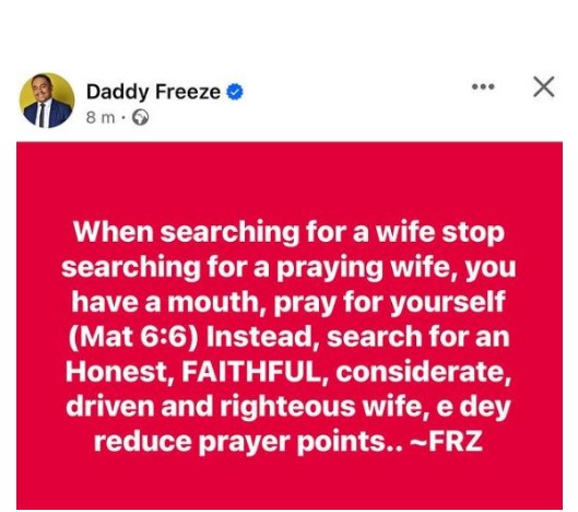 Daddy Freeze search for praying wife
