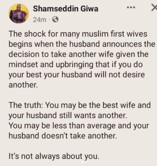 You may be the best wife and your husband will still want another wife - Therapist tells Muslim women