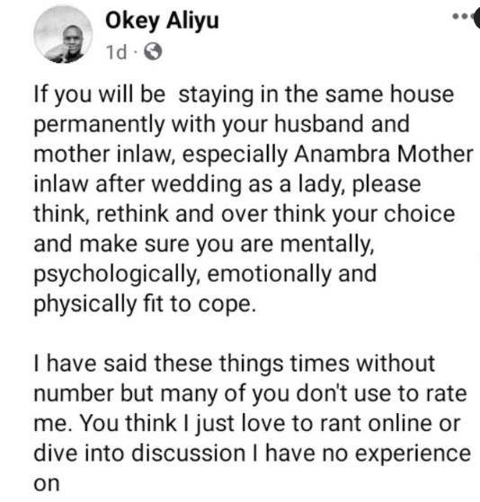 Man advise women not to live with mother in law