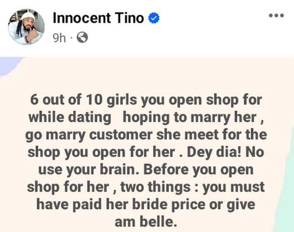 Before opening shop for a lady, pay her bride price - Nigerian man