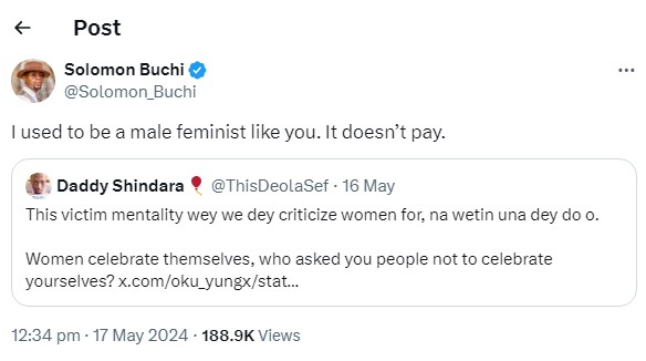 Being a male feminist doesn't pay - Ex-feminist, Solomon Buchi