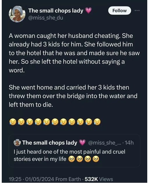 How woman sacrificed her kids after nabbing her unfaithful husband - Twitter user